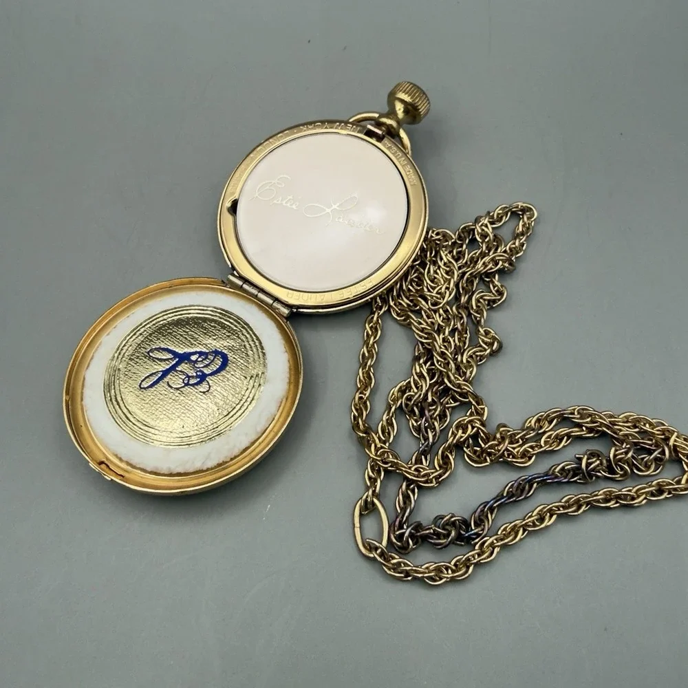 Estee Lauder Pocket Watch Compact Necklace Gold Tone Floral Scroll Face Powder